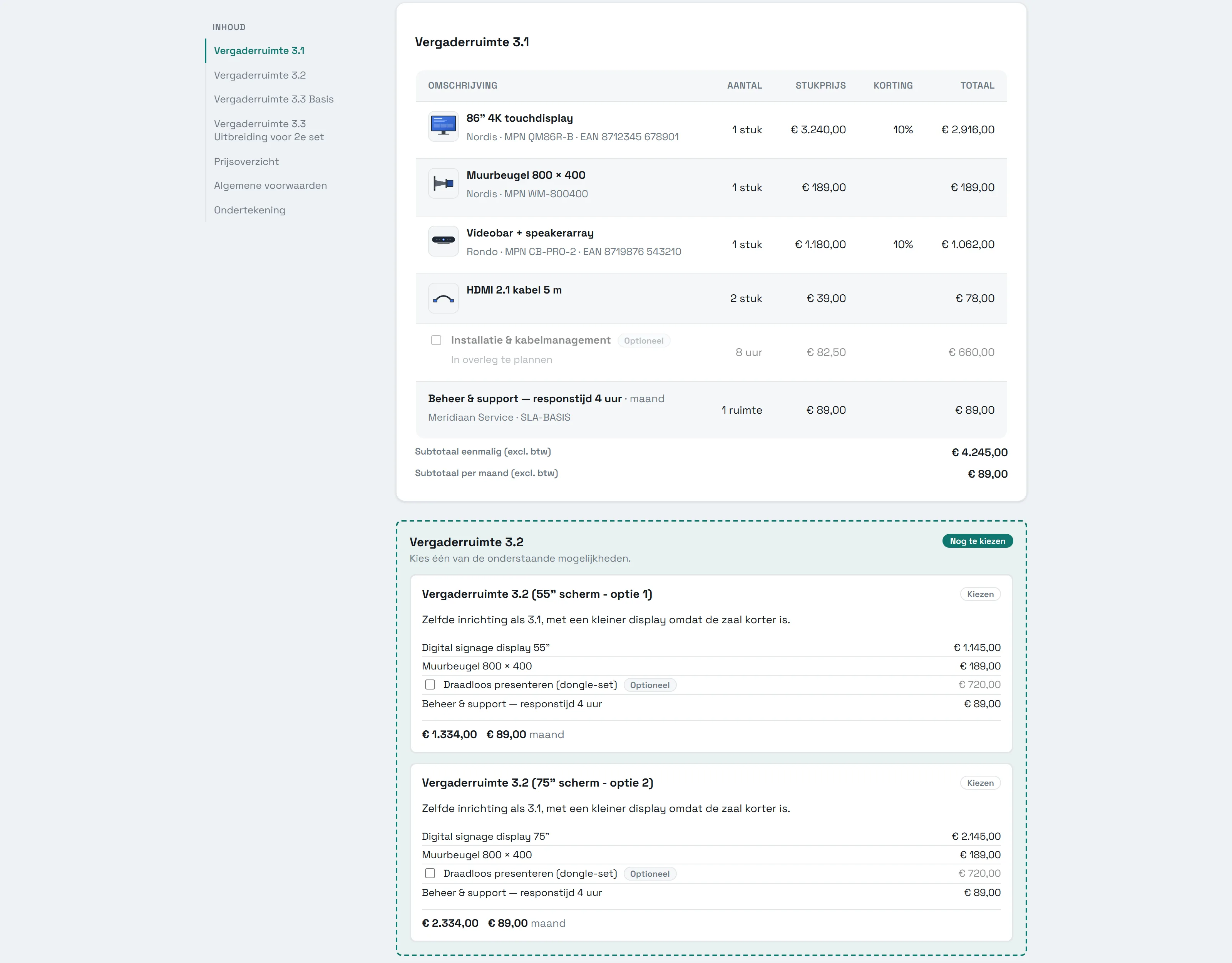 De offerte zoals de klant hem online ziet: de regels, een optie om zelf aan te vinken, en het blok om met naam en handtekening digitaal te accepteren